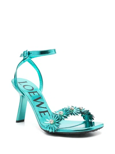 Loewe X Paula's Ibiza Calfskin Flower Heeled Sandals 90 In Blue