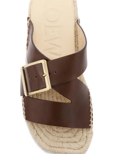 Loewe Petal Leather Crisscross Buckle Espadrille Sandals In Brown