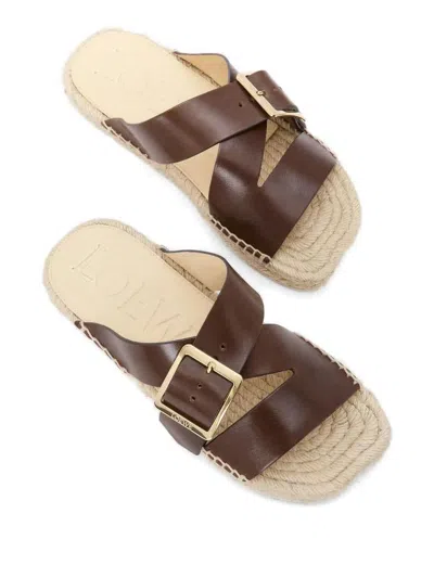 Loewe Petal Leather Crisscross Buckle Espadrille Sandals In Brown