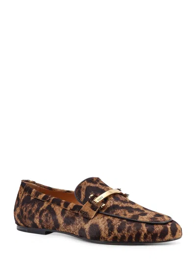 Tod's Brown Loafers With Logo Plaque On The Front And All-over Leopard Motif In Suede Woman In Brown