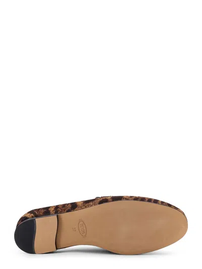 Tod's Brown Loafers With Logo Plaque On The Front And All-over Leopard Motif In Suede Woman In Brown