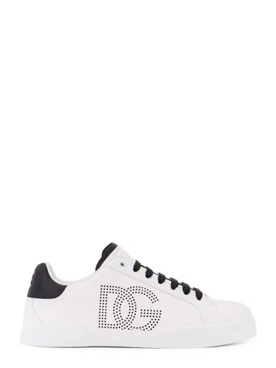 Dolce & Gabbana Portofino' White Low Top Sneakers With Perforated Logo In Leather In White