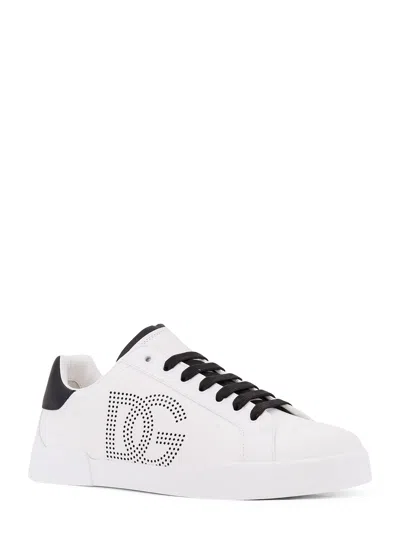Dolce & Gabbana Portofino' White Low Top Sneakers With Perforated Logo In Leather In White
