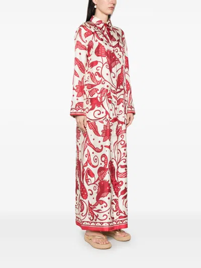 F.r.s . Printed Silk Long Shirtdress In Red