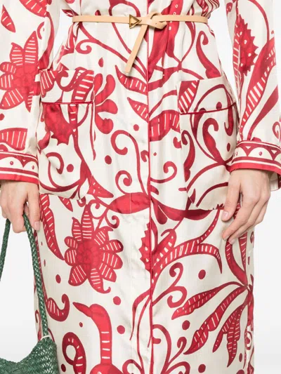 F.r.s . Printed Silk Long Shirtdress In Red