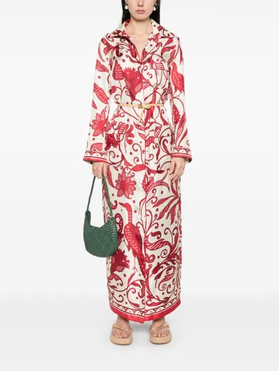 F.r.s . Printed Silk Long Shirtdress In Red