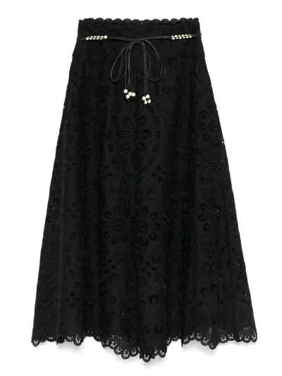 Zimmermann Flared Midi Skirt With Embroidered Openwork Design In Black