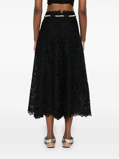 Zimmermann Flared Midi Skirt With Embroidered Openwork Design In Black