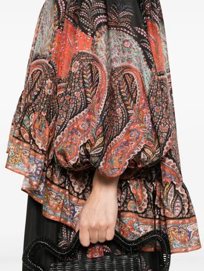 Zimmermann Rhiannon Ruffle Billow Silk Blouse In Black Paisley  In Black