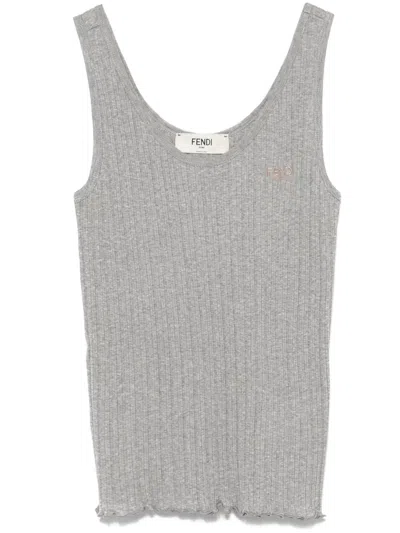 Fendi Women Ribbed Cotton Tank Top In Gray