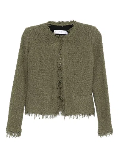 Iro Cotton Jacket With Frayed Edges And Tweed Texture In Green
