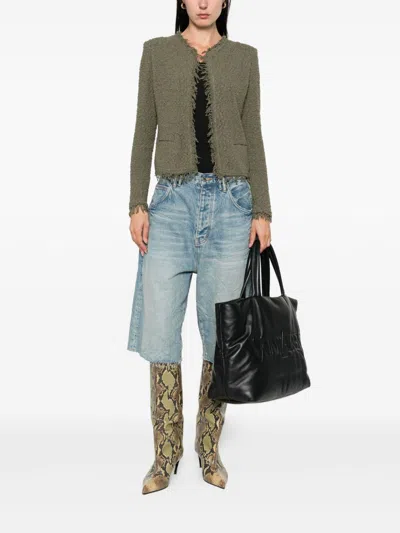 Iro Cotton Jacket With Frayed Edges And Tweed Texture In Green