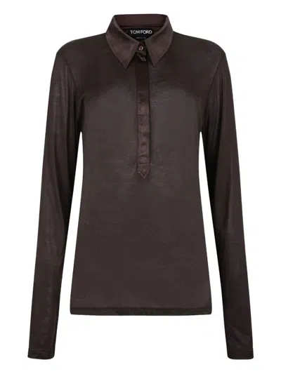 Tom Ford Silk Jersey Long Sleeve Polo In Brown