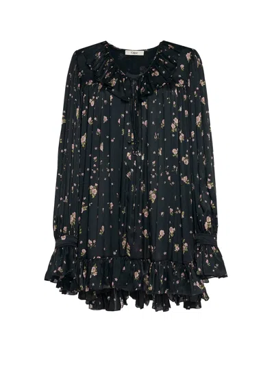 Chloé Gathered Long-sleeve Mini Dress In Silk Charmeuse In Black