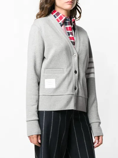 Thom Browne Striped Cotton V-neck Cardigan Pockets In Gray