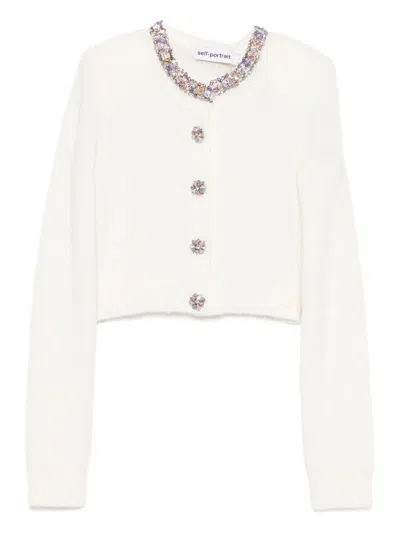 Self-portrait Whirw Cropped Crewneck Cardigan With Crystal Embellishments On Collar And Buttons In Wool Blend Woma In White
