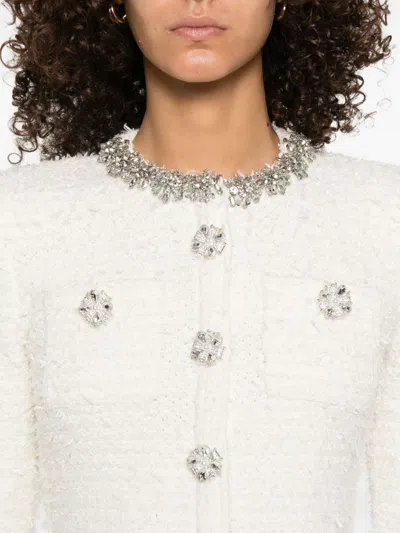 Self-portrait White Crewneck Cropped Cardigan With Crystal Embellishments On The Collar In Cotton Blend Woman In Neutral