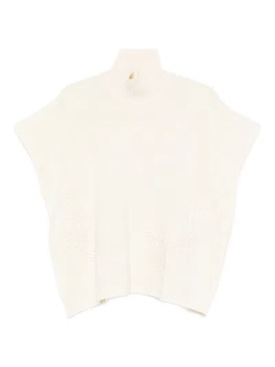 Ermanno Firenze High Neck Knitwear With Embroidered Ribbed Hem In White
