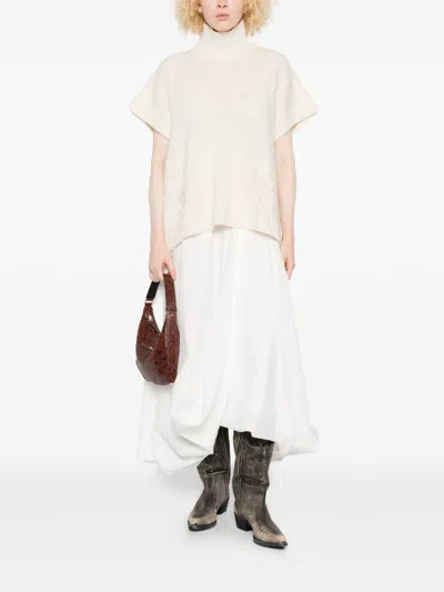 Ermanno Firenze High Neck Knitwear With Embroidered Ribbed Hem In White