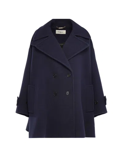 Chloé Oversized Double-breasted Coat In Wool In Blue