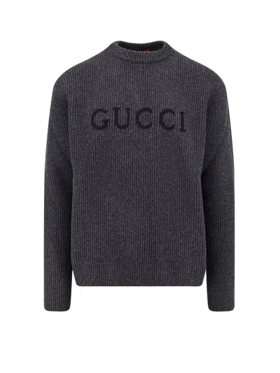 Gucci Grey Crewneck Sweater With Logo Lettering Embroidery On The Front In Wool Man In Gray