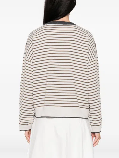 Brunello Cucinelli Striped Crew Neck Sweater In White