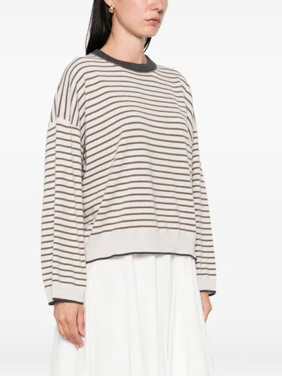 Brunello Cucinelli Striped Crew Neck Sweater In White