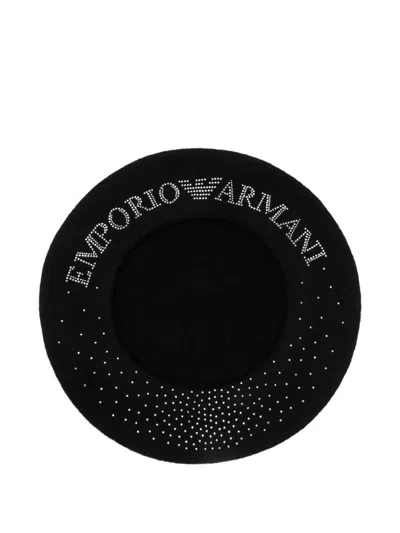 Emporio Armani Fitted Round Crown Hat With Crystal And Stud Embellishments In Black