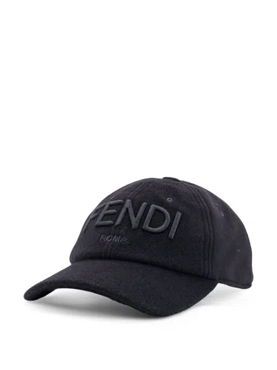 Fendi Men Wool Blend Baseball Hat With Logo Embroidery In Black