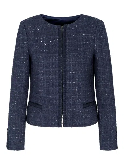 Emporio Armani Lurex Tweed Zip-up Jacket With Micro Sequins In Blue