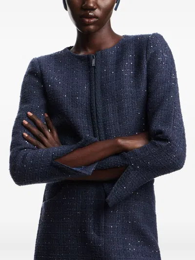 Emporio Armani Lurex Tweed Zip-up Jacket With Micro Sequins In Blue