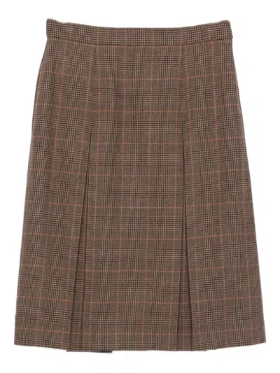 Saint Laurent Grey Midi Skirt With Side Concealed Zip Closure And All-over Check Motif In Wool And Cashmere Woman In Brown