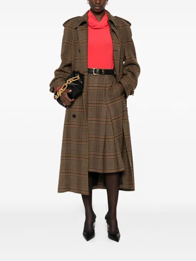 Saint Laurent Grey Midi Skirt With Side Concealed Zip Closure And All-over Check Motif In Wool And Cashmere Woman In Brown