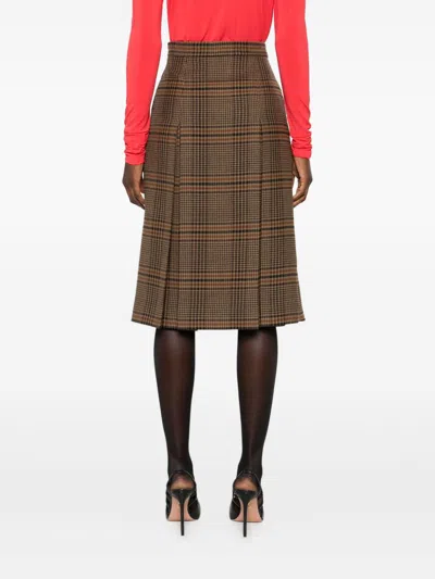 Saint Laurent Grey Midi Skirt With Side Concealed Zip Closure And All-over Check Motif In Wool And Cashmere Woman In Brown