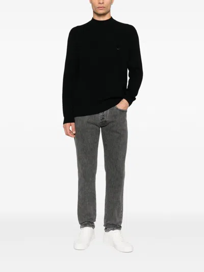Emporio Armani Tonal Diamond Wool Sweater In Black