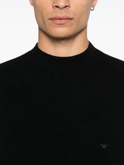 Emporio Armani Tonal Diamond Wool Sweater In Black