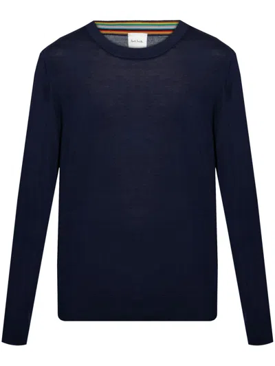 Paul Smith Lightweight Wool Crewneck Sweater With Ribbed Cuffs In Blue