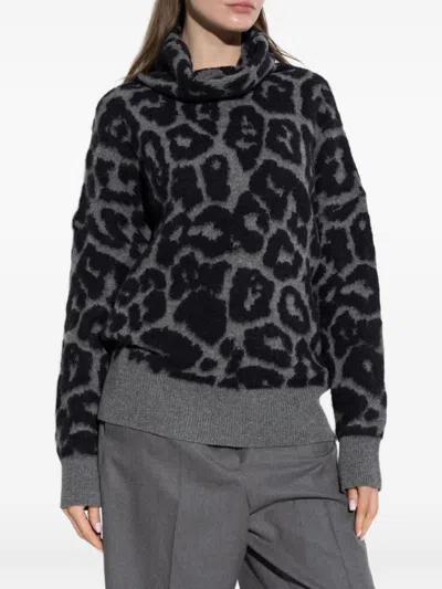 Stella Mccartney Leopard Print Turtleneck Sweater In Wool In Black