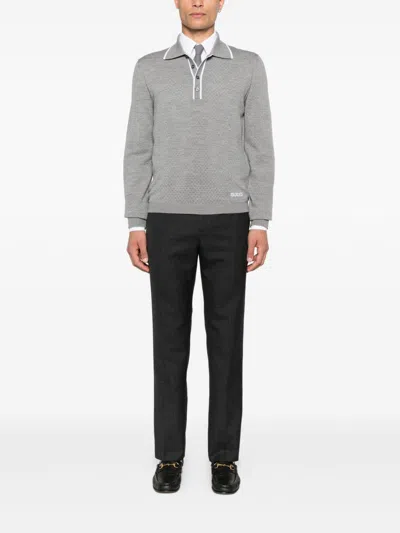 Gucci Men Wool Long-sleeves Polo Shirt In Gray