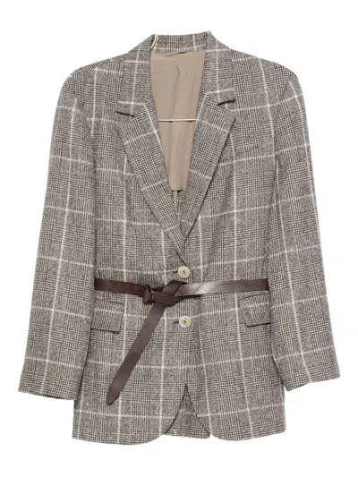 Brunello Cucinelli Belted Checked Wool Jacket With Pockets In Gray