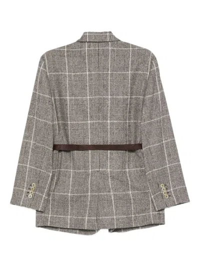 Brunello Cucinelli Belted Checked Wool Jacket With Pockets In Gray