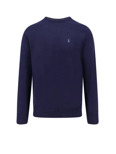 Polo Ralph Lauren Merino Wool Crew Neck Sweater With Embroidered Logo And Ribbed Detailing In Blue