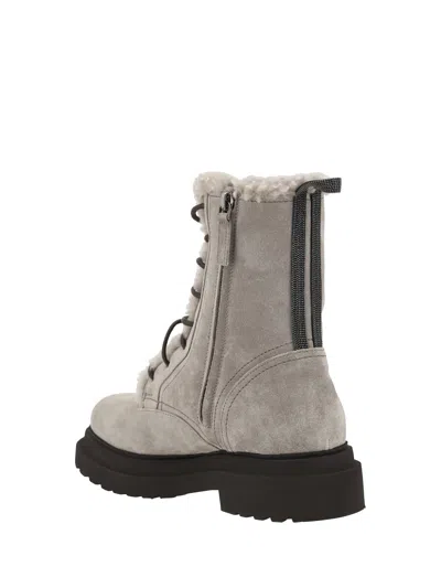 Brunello Cucinelli Suede Boot With Shearling Lining And Shiny Loop Detail In Gray
