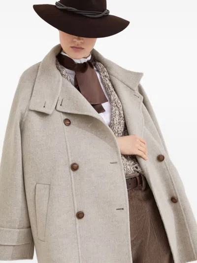 Brunello Cucinelli Virgin Wool And Cashmere Peacoat In Double Cloth With Shiny Cuff Details In Brown