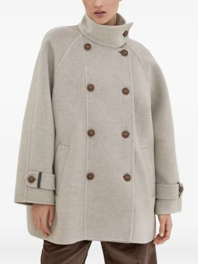 Brunello Cucinelli Virgin Wool And Cashmere Peacoat In Double Cloth With Shiny Cuff Details In Brown
