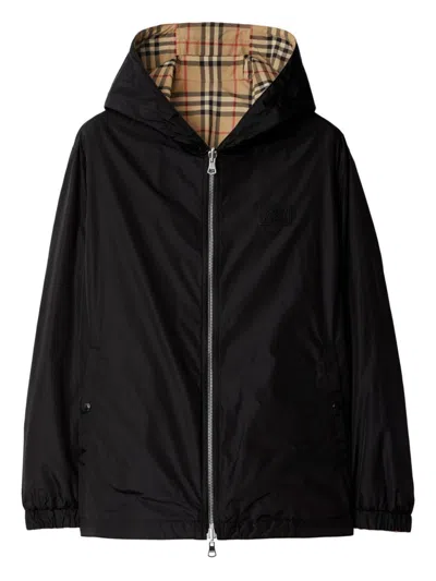 Burberry Reversible Check Hooded Jacket Pockets In Neutral
