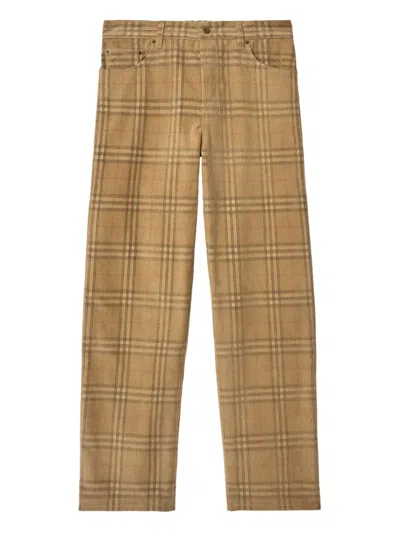 Burberry Sand-coloured Check Corduroy Trousers In Brown