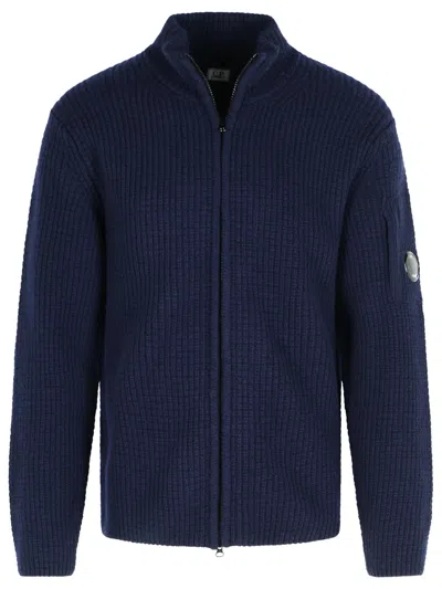 C.p. Company Ribbed Knit Zip-up Sweater With High Collar And Logo Patch In Blue
