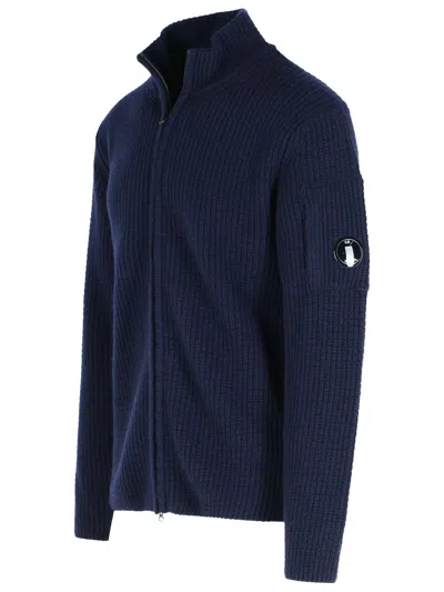 C.p. Company Ribbed Knit Zip-up Sweater With High Collar And Logo Patch In Blue