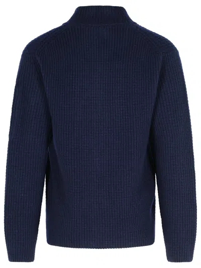 C.p. Company Ribbed Knit Zip-up Sweater With High Collar And Logo Patch In Blue